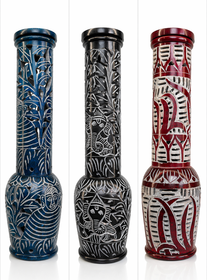 Hand Carved Soapstone Incense Tower Burner for Sticks & Cones, 3 Colors