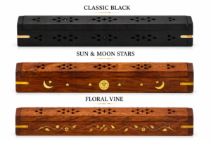 Wooden Incense & Cone Burner Brass Inlaid - with Storage (STYLE MAY VARY)